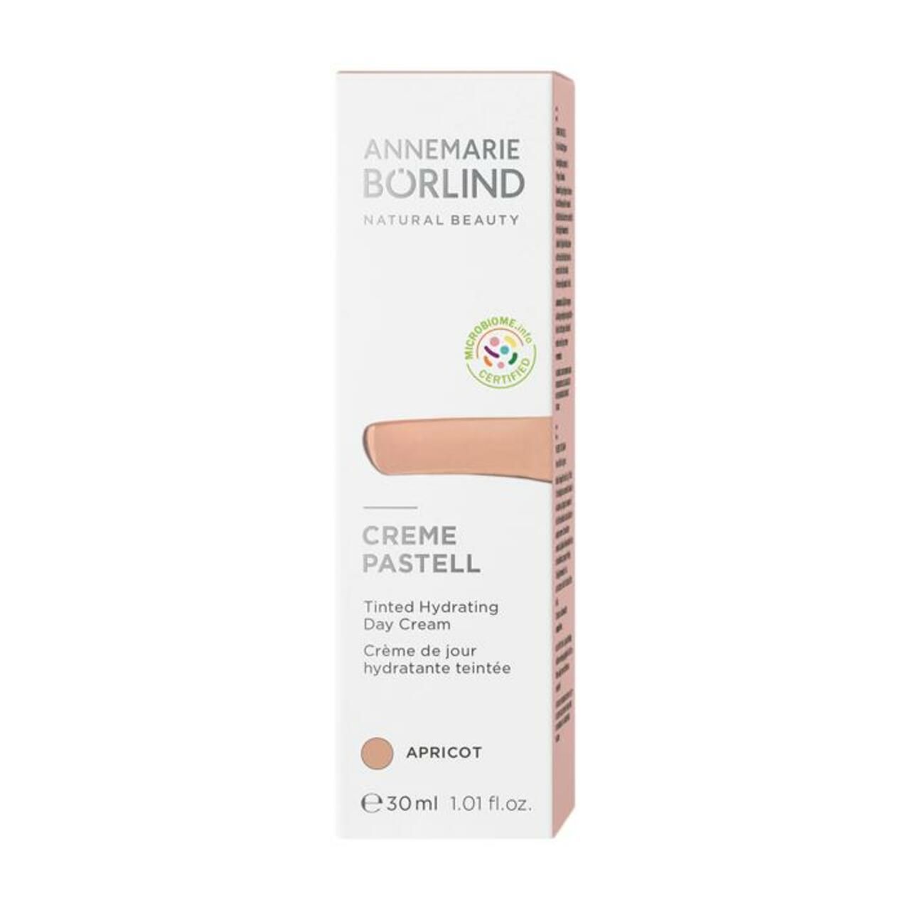Verpackung von Creme Pastell Day Cream. Marke Annemarie Börlind. Text: Tinted Hydrating Day Cream, Apricot. Mit Zertifizierung.