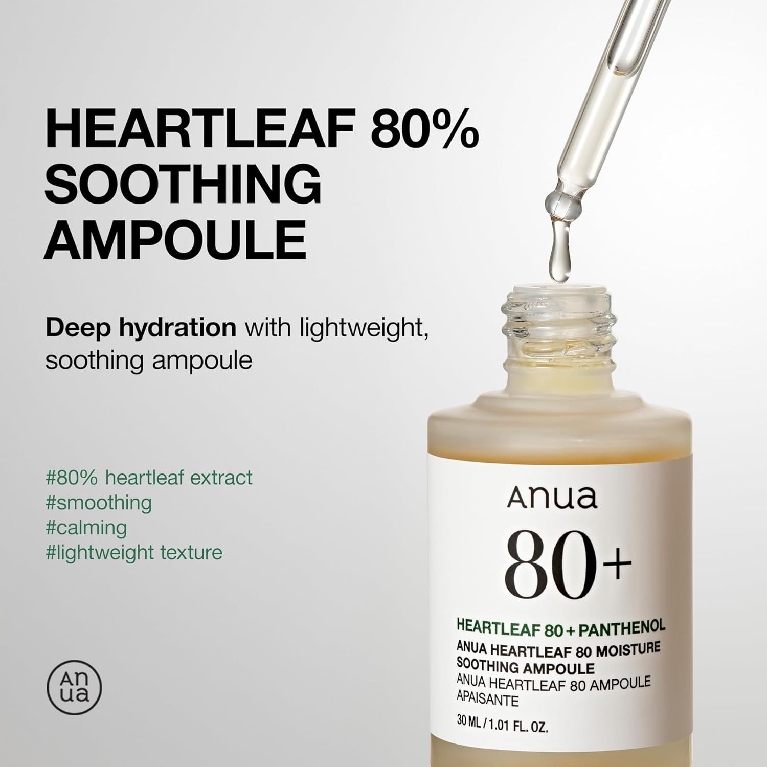 Flasche mit Tropfer, Flüssigkeit tropft. Text: Heartleaf 80% Soothing Ampoule. Marke: Anua. Zusätzliche Text-Tags.