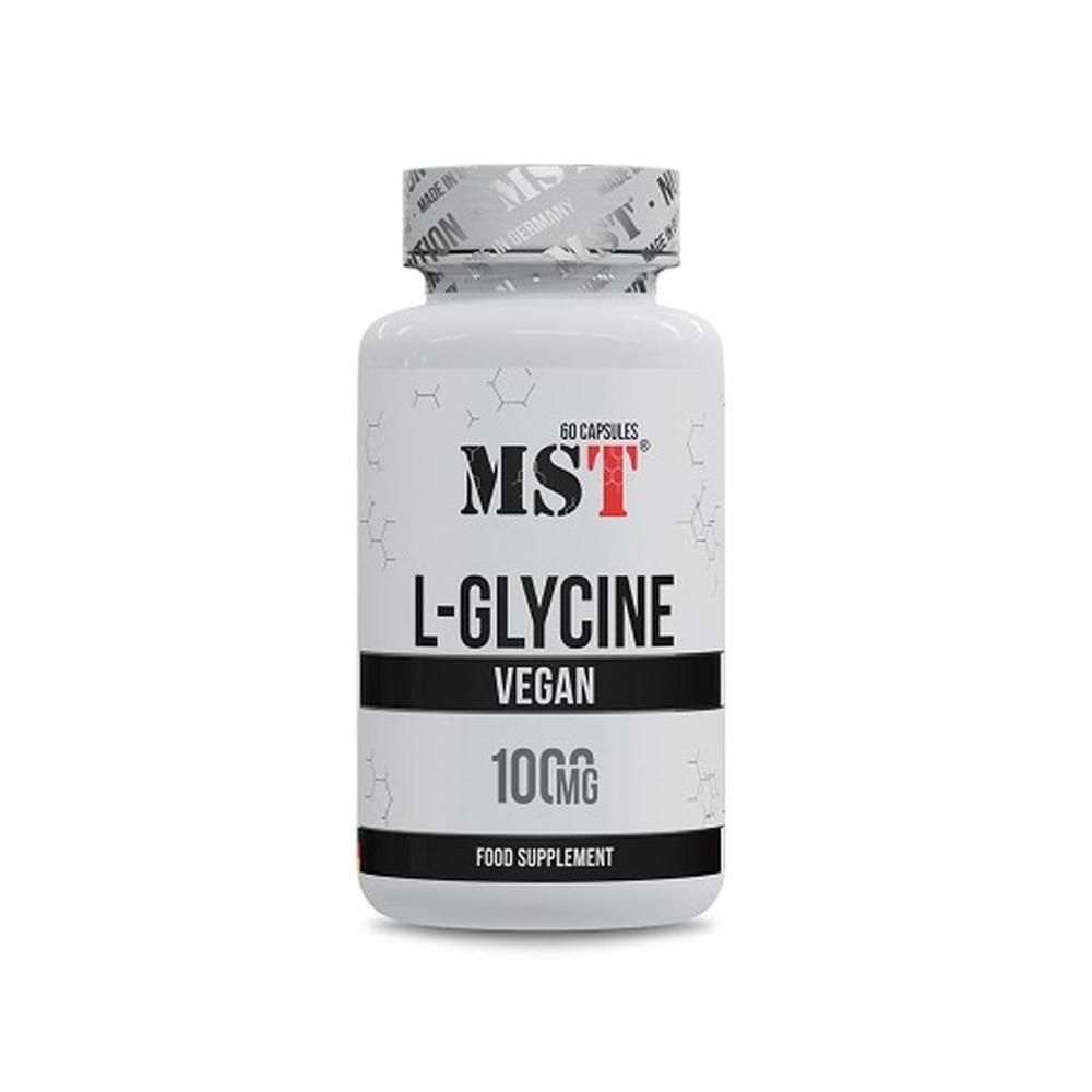 Weiße Flasche mit MST L-Glycine. Schwarzer Streifen mit 1000mg. 60 Kapseln. Vegan. Lebensmittelzusatz. Deckel mit MST-Logo.