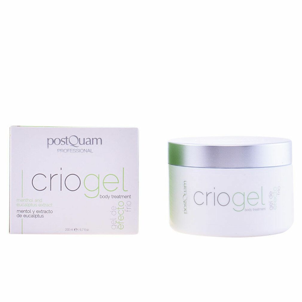 Creme-Tiegel und Verpackung. Aufschrift 'criogel' und 'PostQuam'. Enthält Menthol und Eukalyptus-Extrakte.