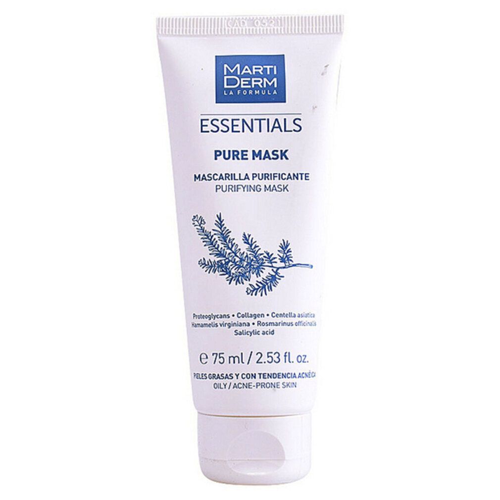 Weiße Tube mit blauer Aufschrift. Enthält Marti Derm Essentials Pure Mask. Volumen: 75 ml. Für fettige/akneanfällige Haut.