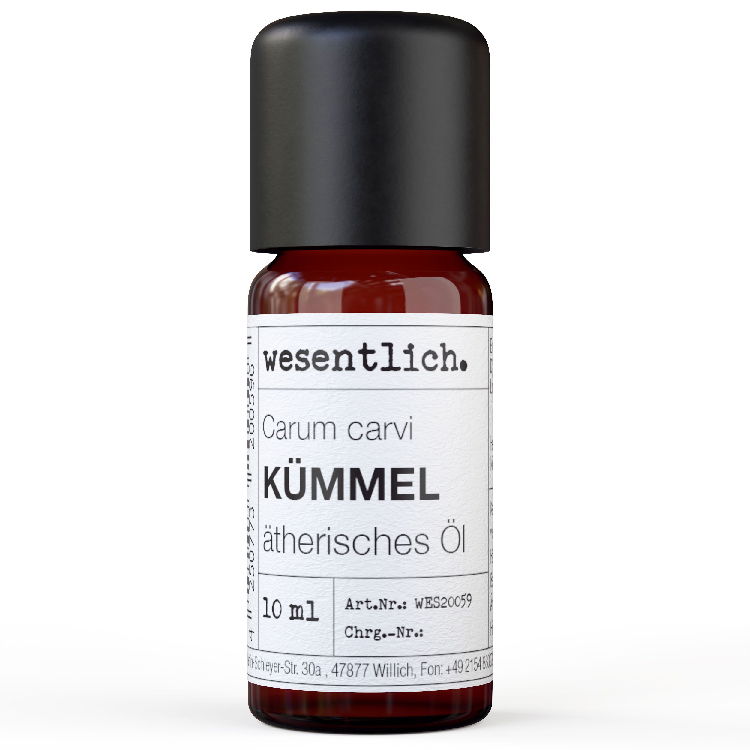Braune Glasflasche mit schwarzem Deckel. Etikett mit Produktnamen: Kümmel ätherisches Öl. Marke: wesentlich.
