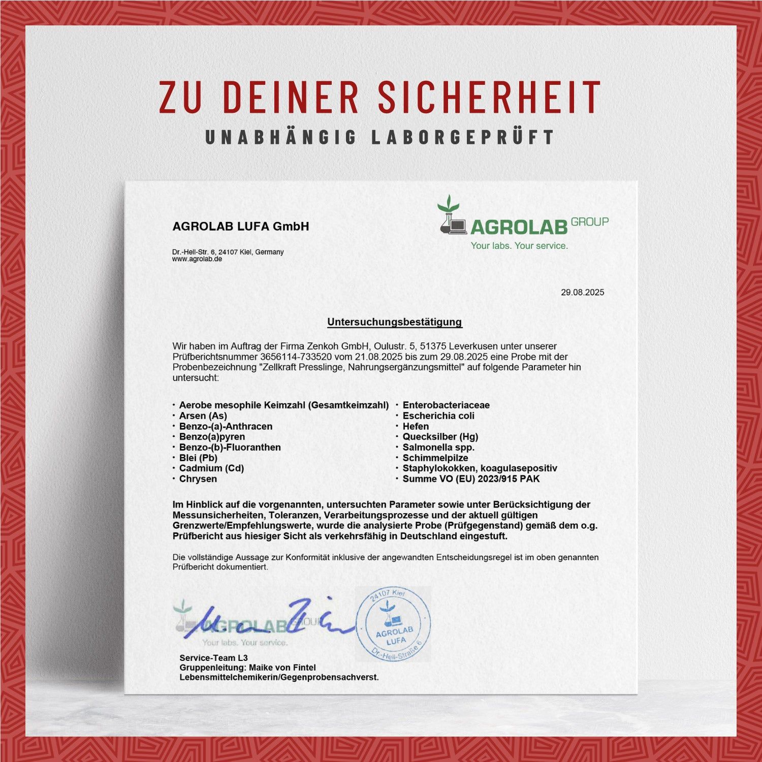 Zertifikat der Agrolab LUFA GmbH. Text: Unabhängig laborgeprüft. Analyseergebnisse für Vitamin B12-Presslinge. Unterschriften und Stempel.
