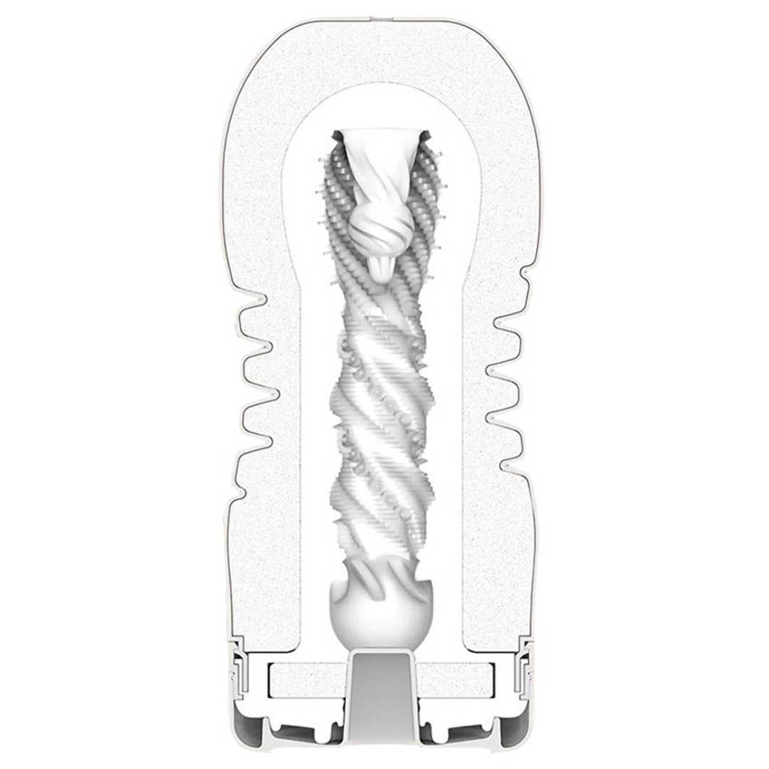 Querschnitt durch einen TENGA Premium Rolling Head Cup. Innenstruktur mit spiralförmigen Rippen. Weißes Material.