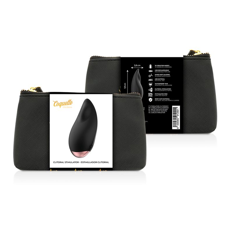 Schwarze Tasche mit Reißverschluss und Produktverpackung. Auf der Verpackung: Produktabbildung, Produktname, Produktbeschreibung.
