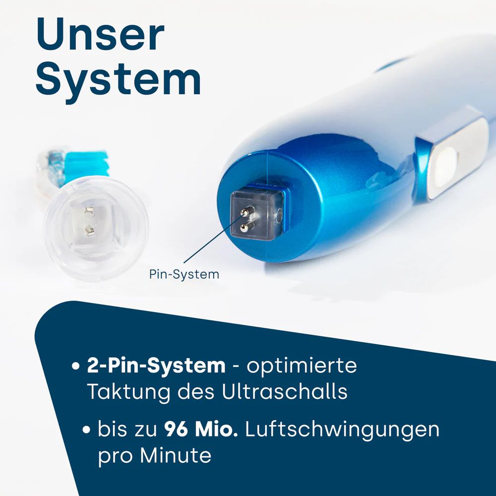 Verpackung der Emmi®-dent Platinum Ultraschallzahnbürste. Weißer Karton mit Sichtfenster. Zahnbürste sichtbar.