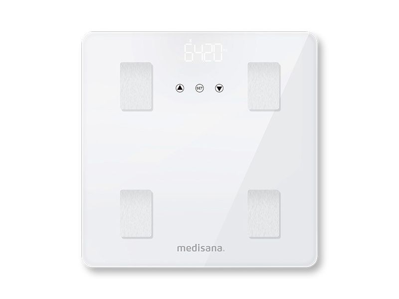 Witte lichaamsanalyse weegschaal met digitaal display. Vier meetvlakken, logo 'medisana'.