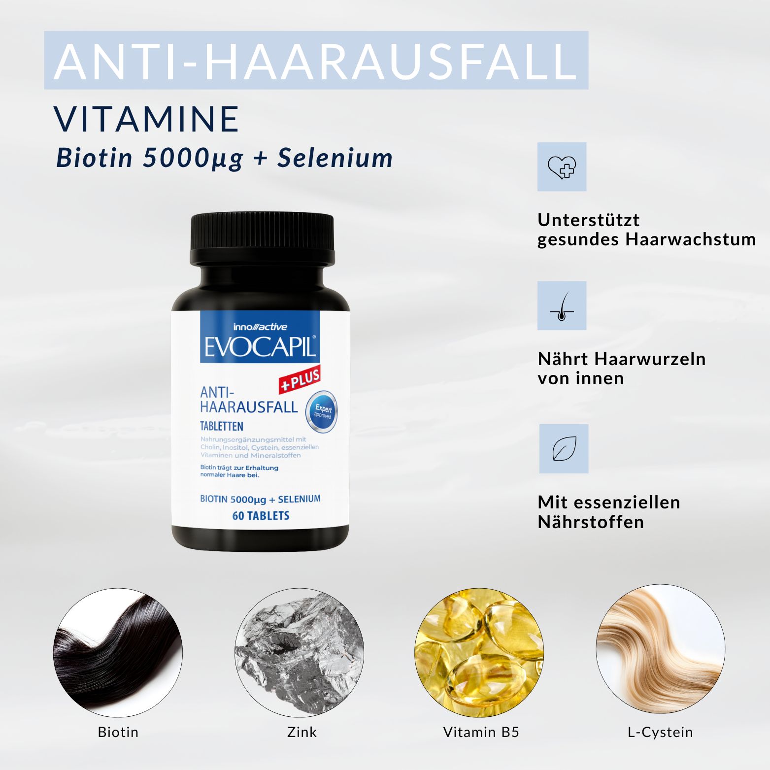 Flasche mit Evocapil Anti-Haarausfall Tabletten, Biotin 5000μg + Selen. Enthält Zink, Vitamin B5, L-Cystein.
