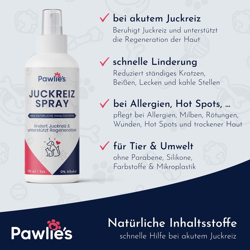 Produktflasche mit Text und Icons. Text: schnelle Linderung, für Tier & Umwelt. Hintergrund in Blau und Rot.