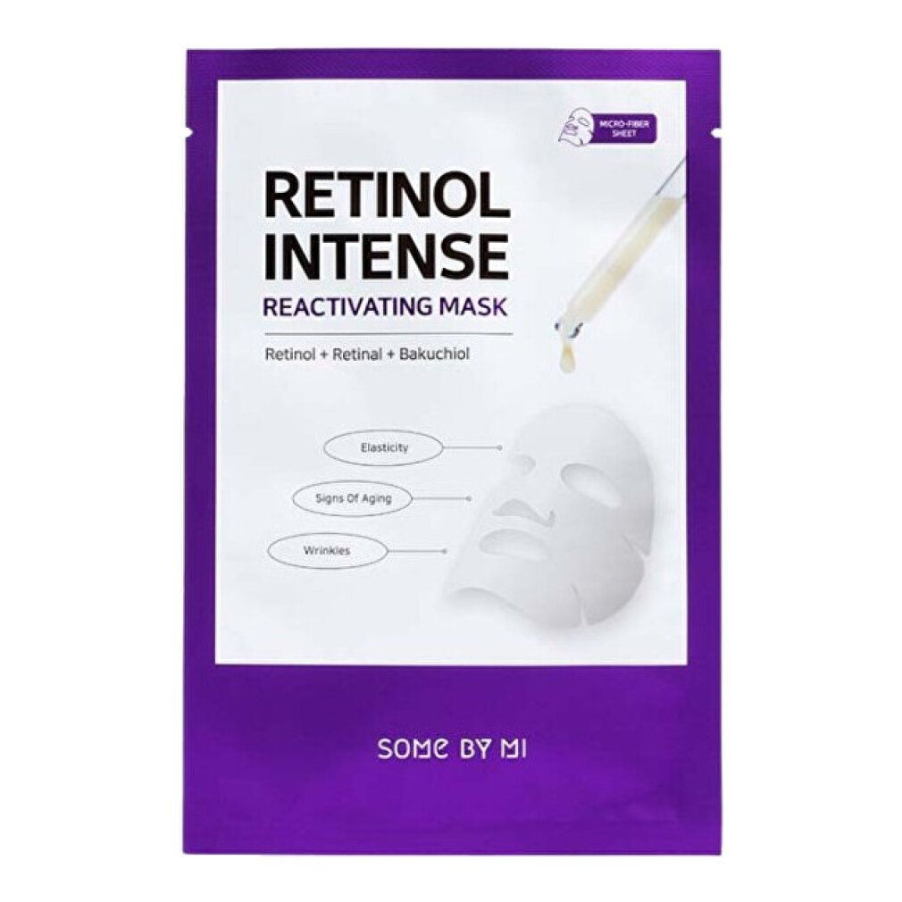 Verpackung einer Gesichtsmaske mit der Aufschrift 'Retinol Intense Reactivating Mask'. Enthält Retinol, Retinal und Bakuchiol.