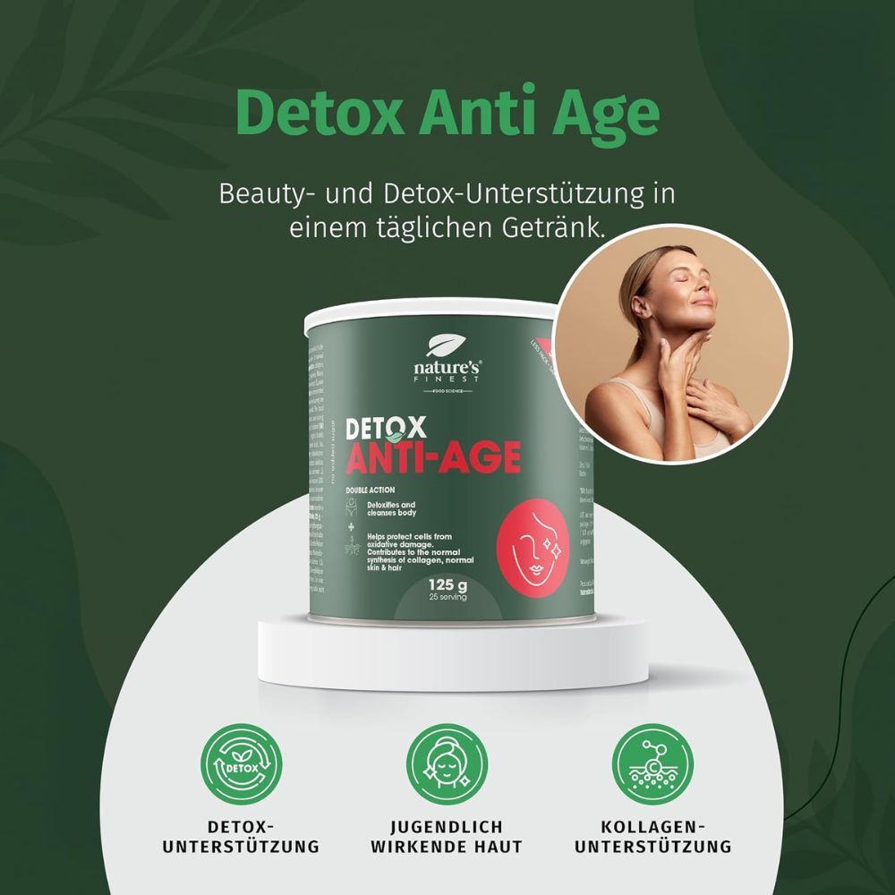 Dose Nature's Finest Detox Anti-Age auf Podest, mit Frau und Icons für Detox, jugendliche Haut, Kollagen.
