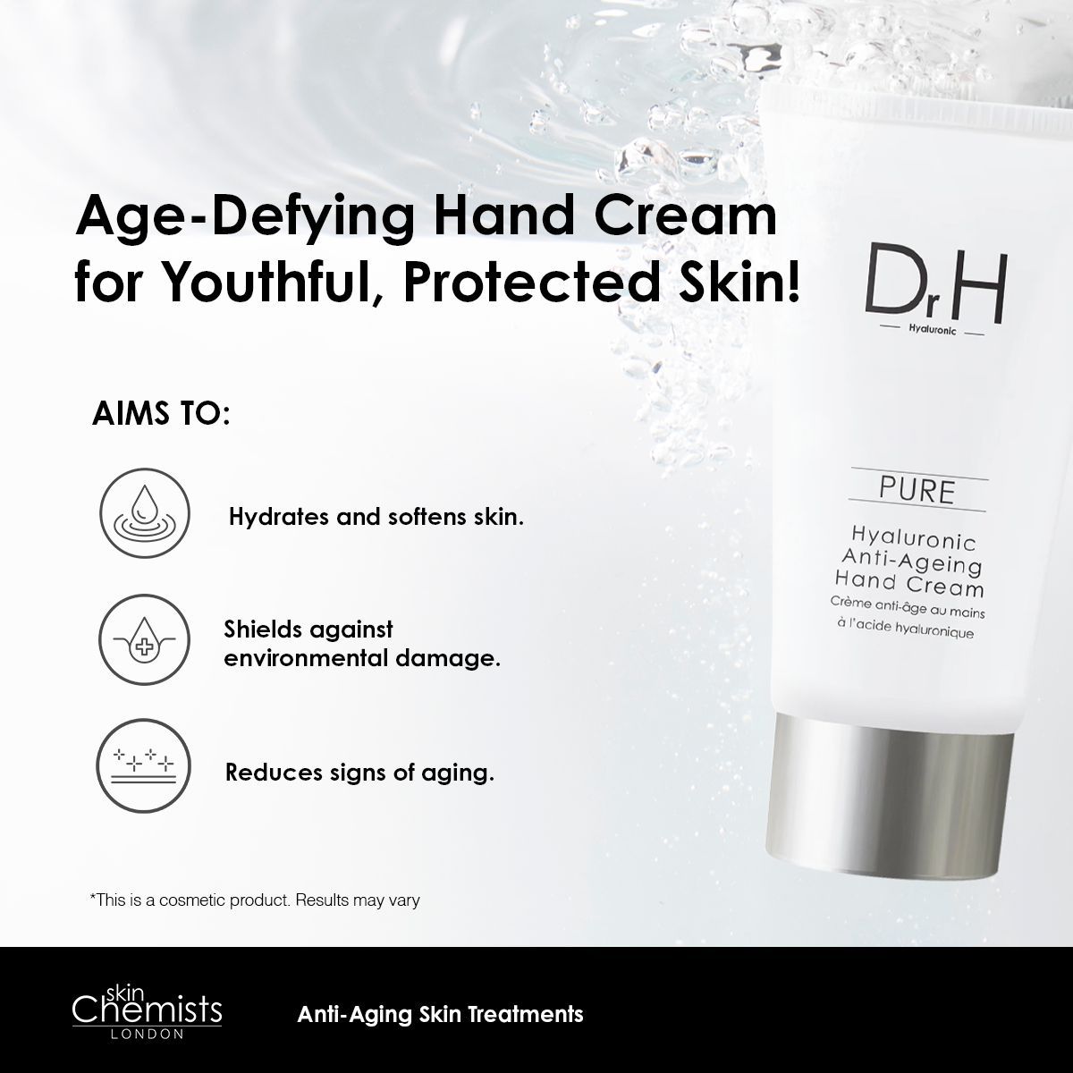 Weiße Tube mit Aufschrift Dr. H, Pure, Hyaluronsäure Anti-Aging Handcreme. Text: Age-Defying Hand Cream for Youthful, Protected Skin!