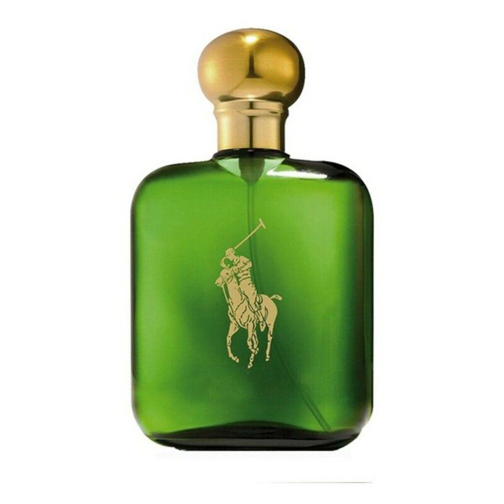 Grüne Glasflasche mit goldenem Verschluss und Logo eines Polospielers.