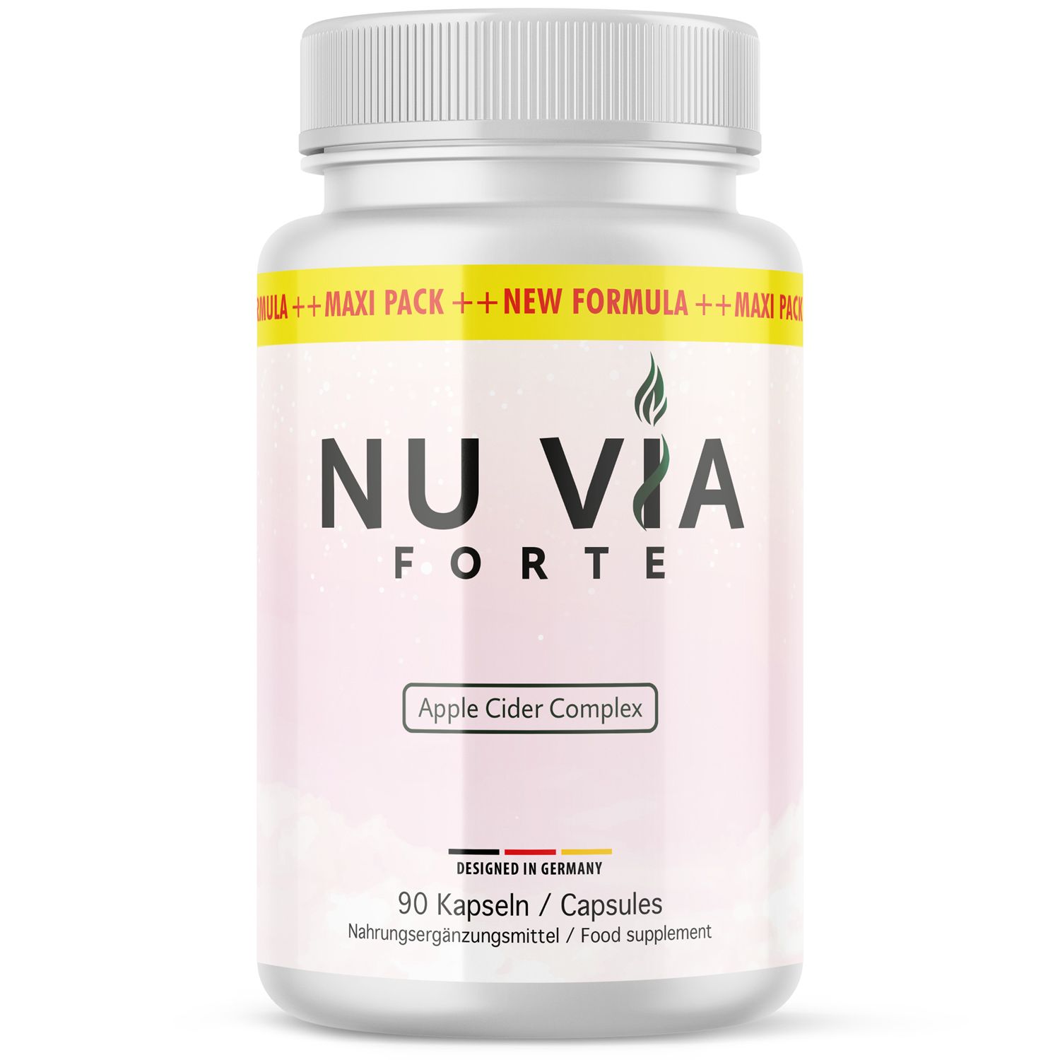 Weiße Flasche mit Kapseln. Aufschrift: NU VIA FORTE, Apple Cider Complex. 90 Kapseln. Hergestellt in Deutschland.