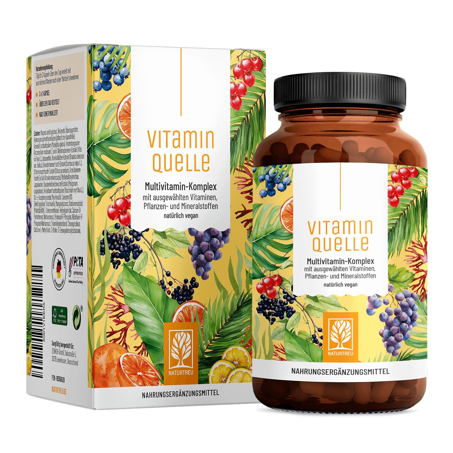 Braune Glasflasche und Karton mit Aufdruck. Aufschrift: Vitamin Quelle, Multivitamin-Komplex. Mit Früchten und Blättern dekoriert. NATURTREU® Logo.