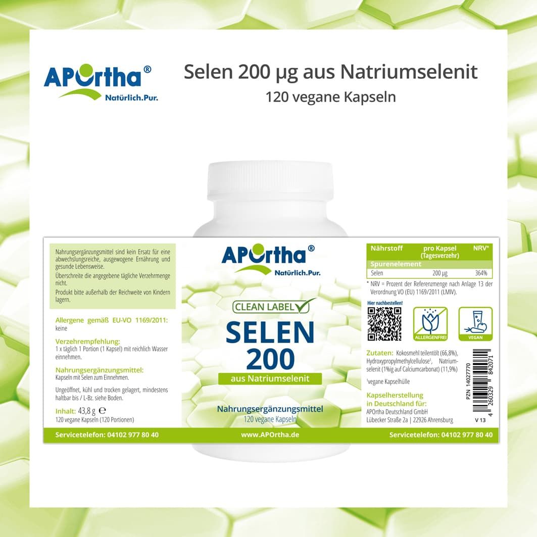 Weiße Flasche mit Etikett. Aufschrift: APOrtha® Selen 200 aus Natriumselenit. Nahrungsergänzungsmittel. Enthält Informationen zu Inhaltsstoffen und Nährwerten.