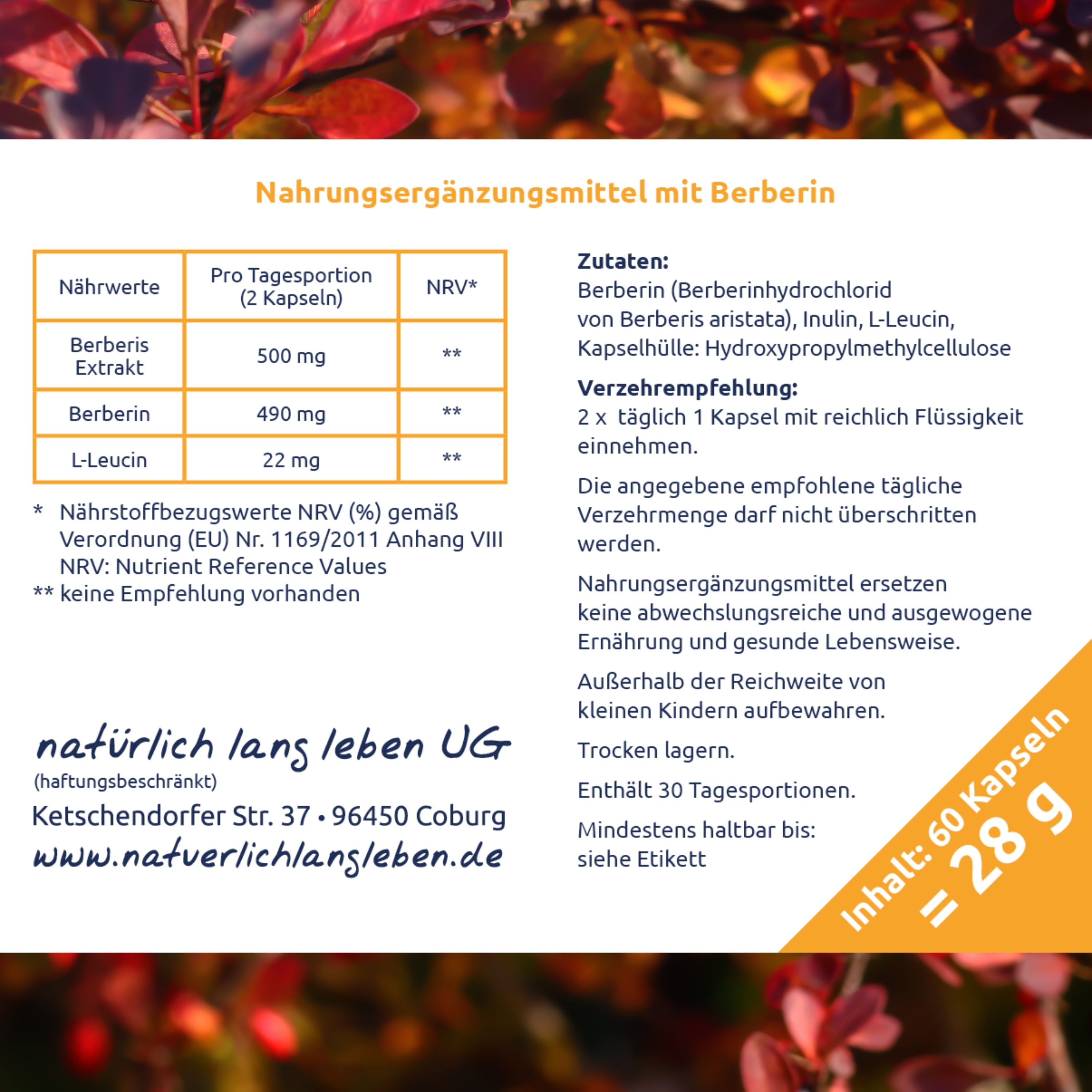 Nahrungsergänzungsmittel-Informationen mit Inhaltsstoffen, Verzehrempfehlung und Nährwerttabelle. Enthält 60 Kapseln, 28 g.