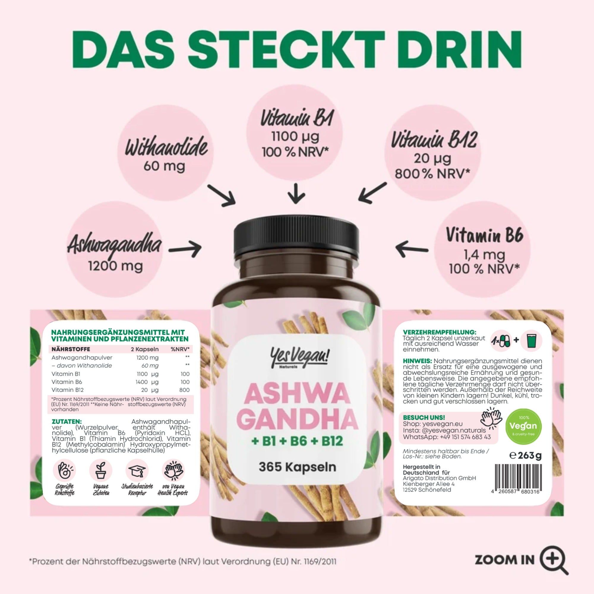 Flasche mit 365 Kapseln Ashwa Gandha + B1 + B6 + B12.