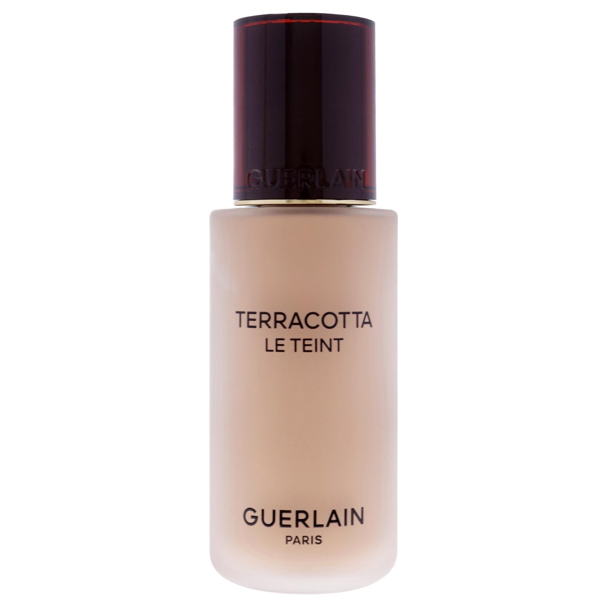 Guerlain Terracotta Le Teint Foundation. Flasche mit braunem Deckel. Text: Terracotta Le Teint, Guerlain Paris.