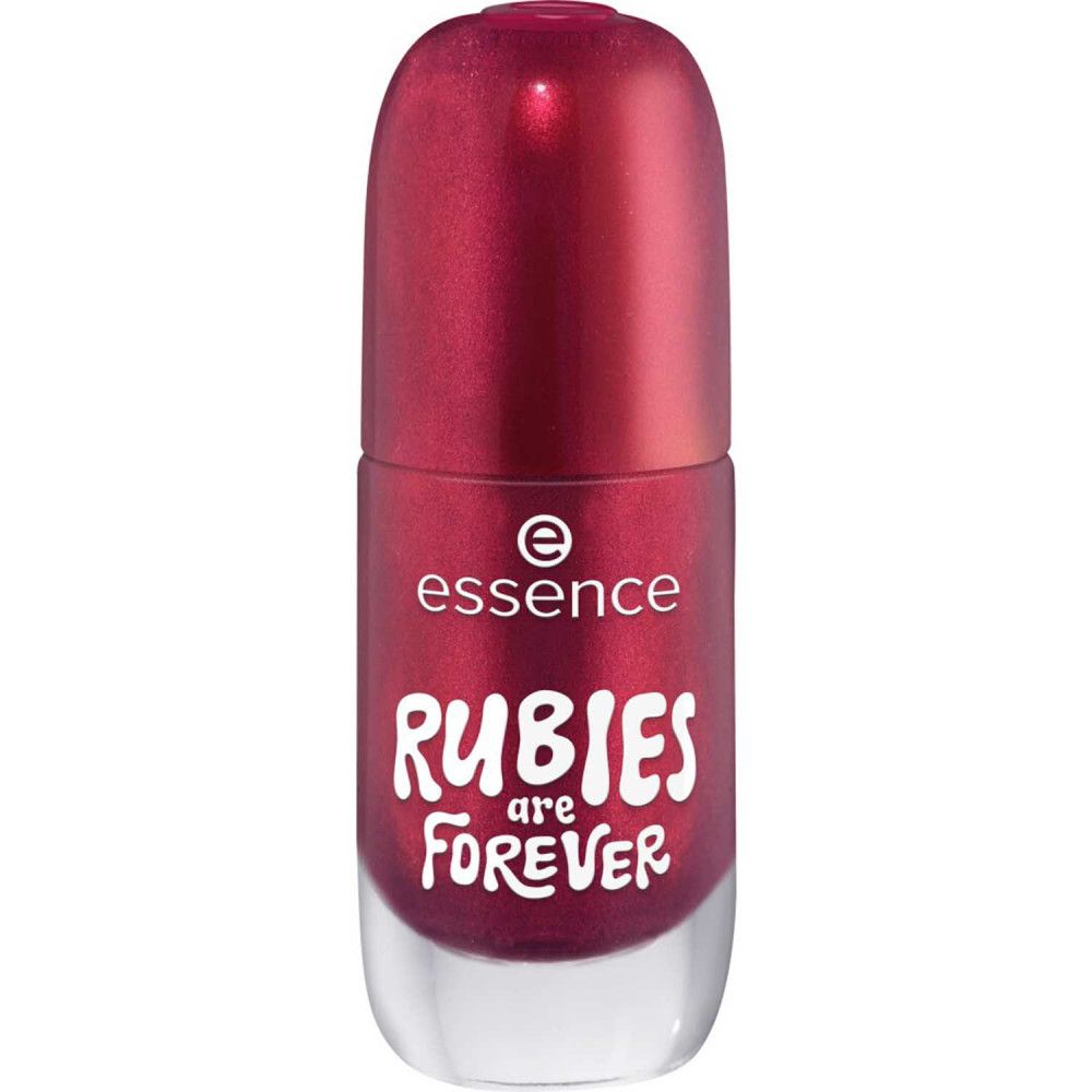 Geschlossene Nagellackflasche, rot. Aufschrift: Rubies are Forever. Marke: essence.
