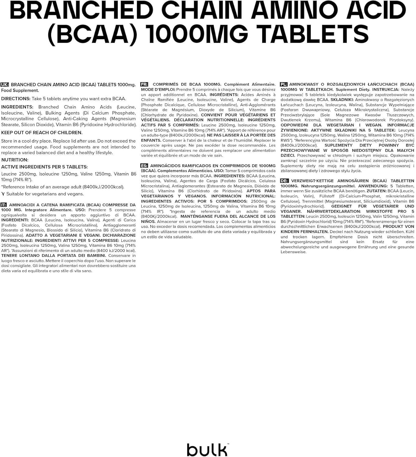 Rückseite einer "bulk"-Tablettenflasche. Text in mehreren Sprachen, darunter "Branched Chain Amino Acid (BCAA) 1000mg Tablets".