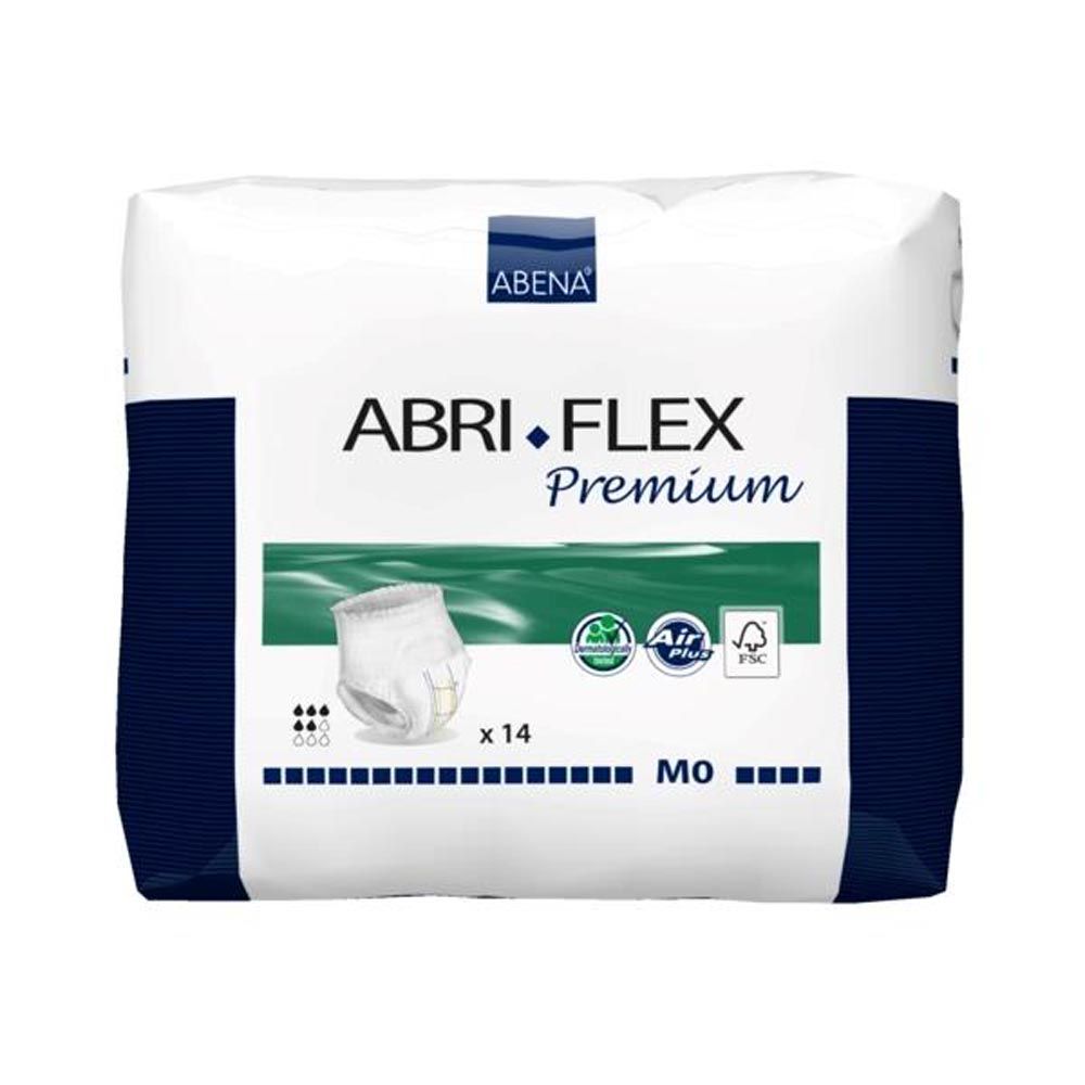 Verpackung Abena Abri Flex Premium M0. Weiß, blau. Produktname, Logo, FSC-Siegel, Air Plus. 14 Stück.