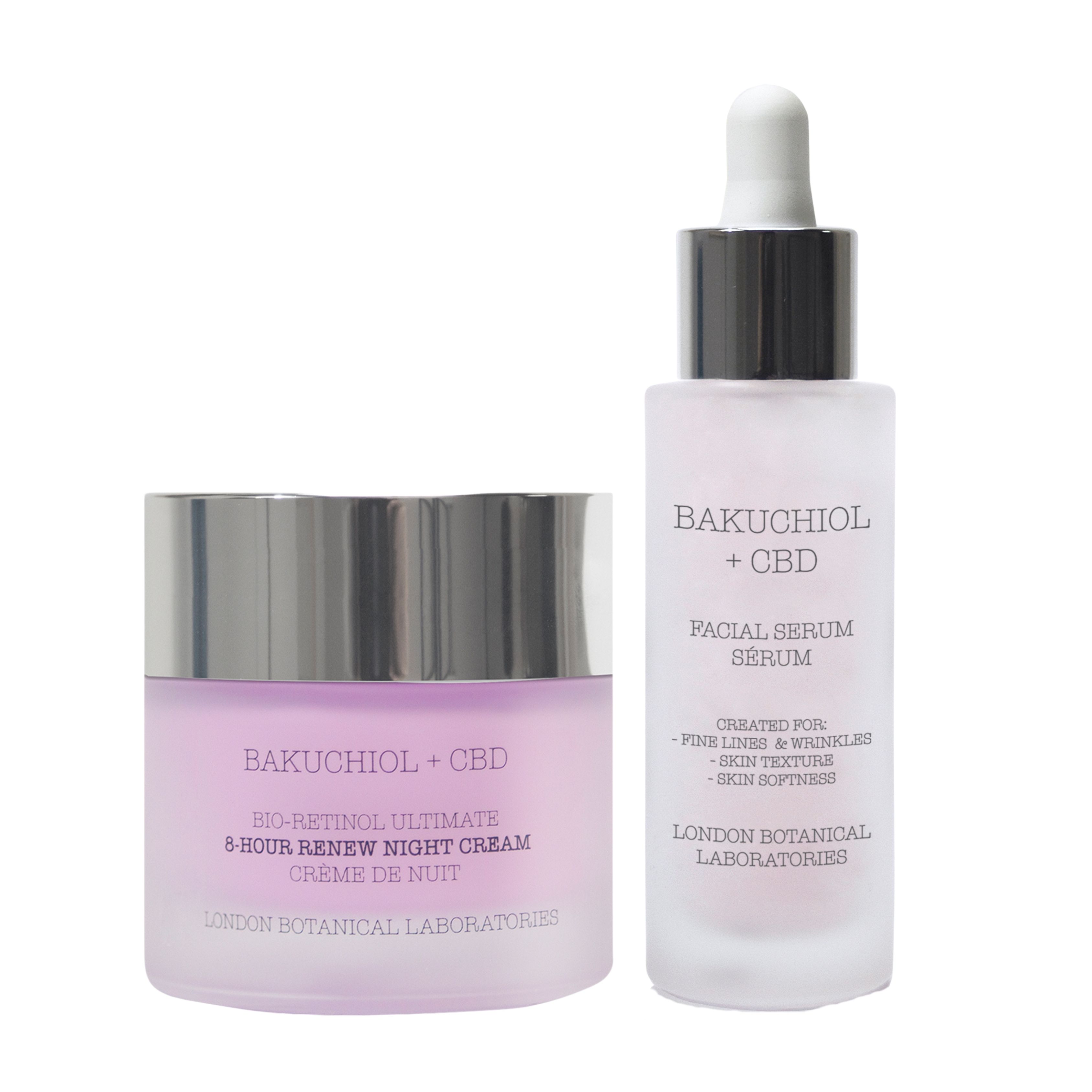 London Botanical Laboratories Bakuchiol + CBD Nachtcreme und Gesichtsserum.