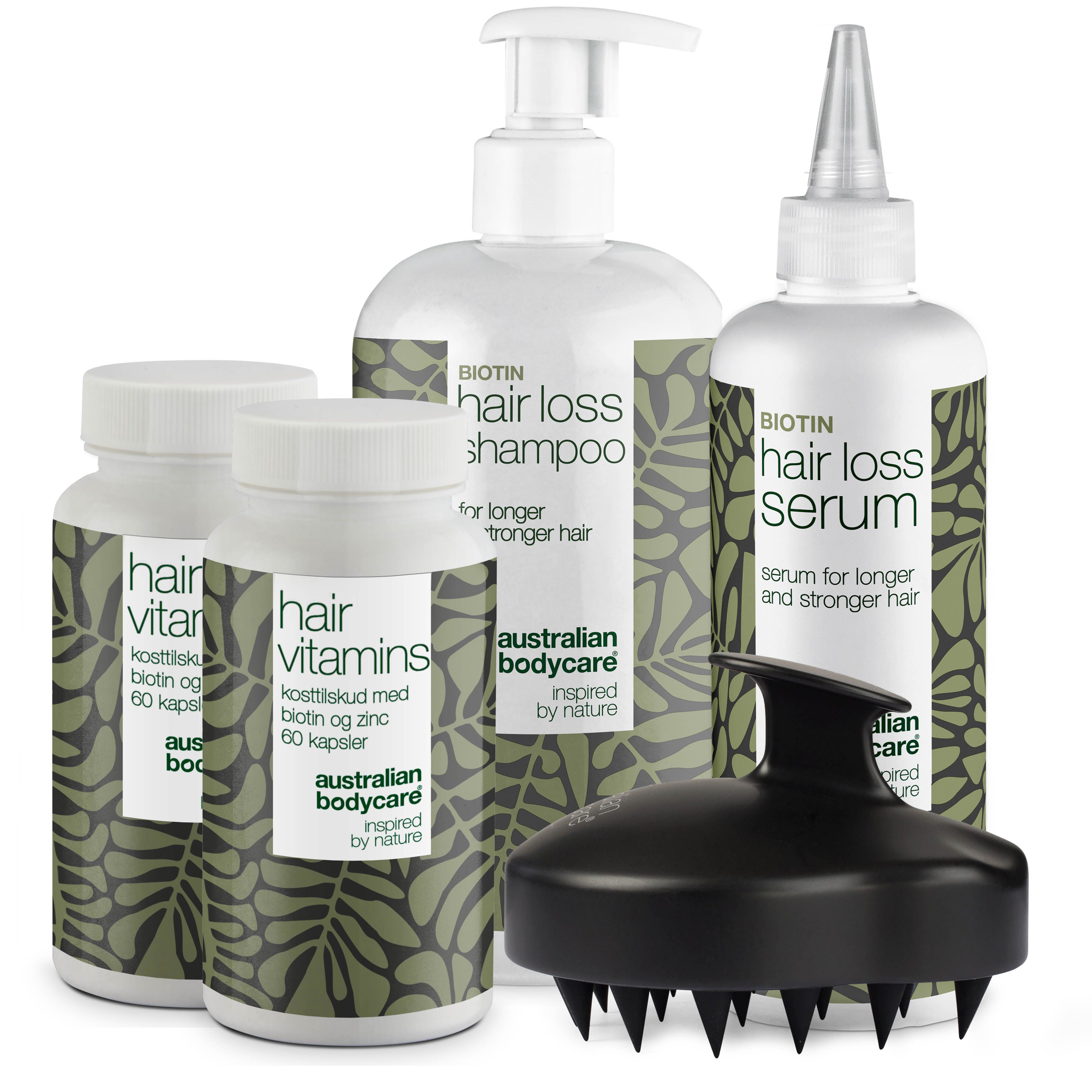 Verschillende flessen en capsules. Shampoo, serum, capsules en hoofdhuidmassageborstel. Zwarte borstel. Wit etiket.