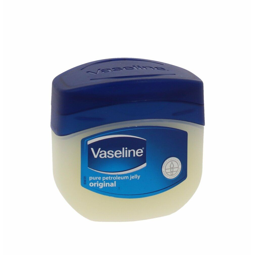 Barattolo con coperchio blu. Etichetta "Vaseline", "pure petroleum jelly original".