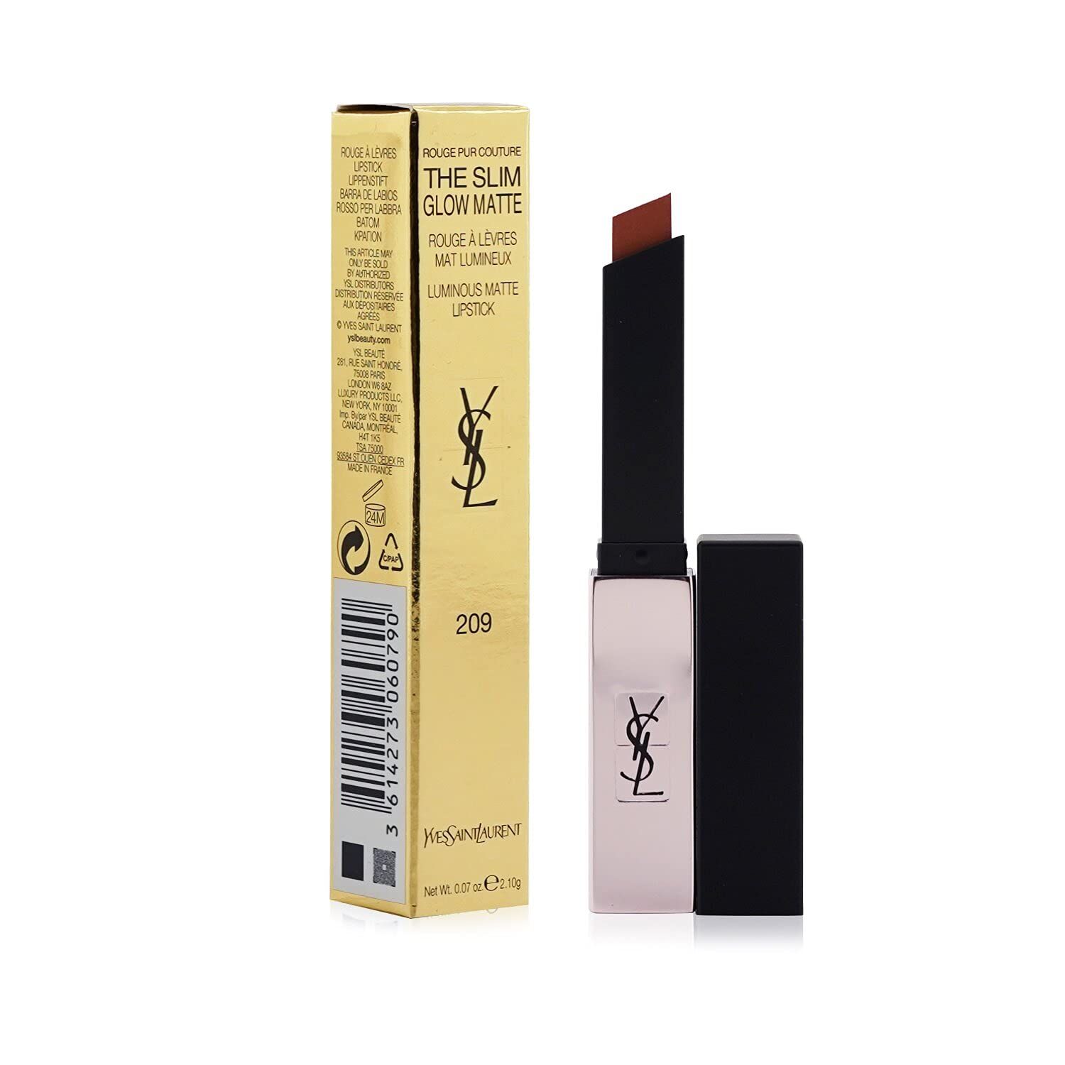 Goldene Lippenstiftverpackung und Lippenstift. Auf der Verpackung steht "THE SLIM GLOW MATTE" und die Nummer "209". Der Lippenstift ist geöffnet.