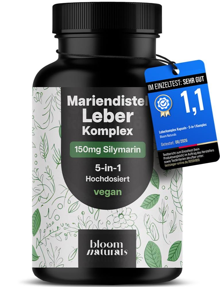 Schwarze Kapsel mit Etikett: Mariendistel Leber Komplex, 150mg Silymarin, 5-in-1, Hochdosiert, vegan. Bloom Naturals.
