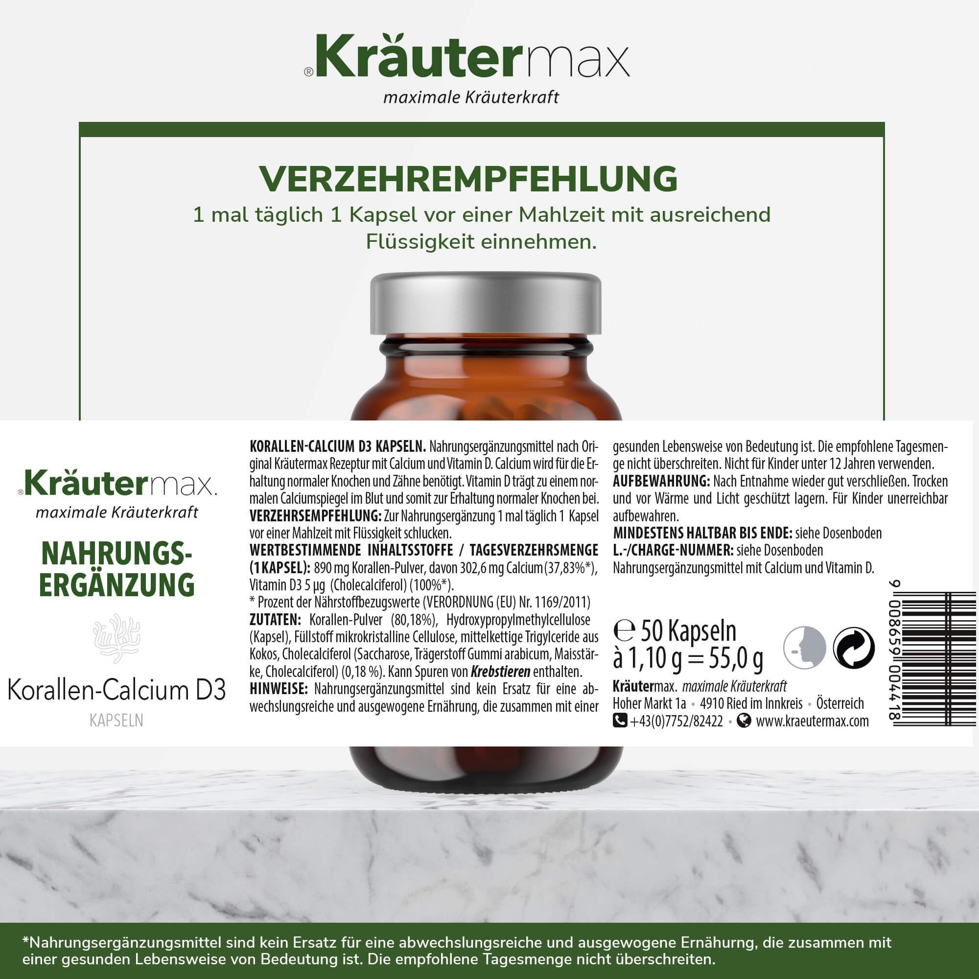 Kräutermax Korallen-Calcium 890 mg plus Vitamin D3 Kapseln