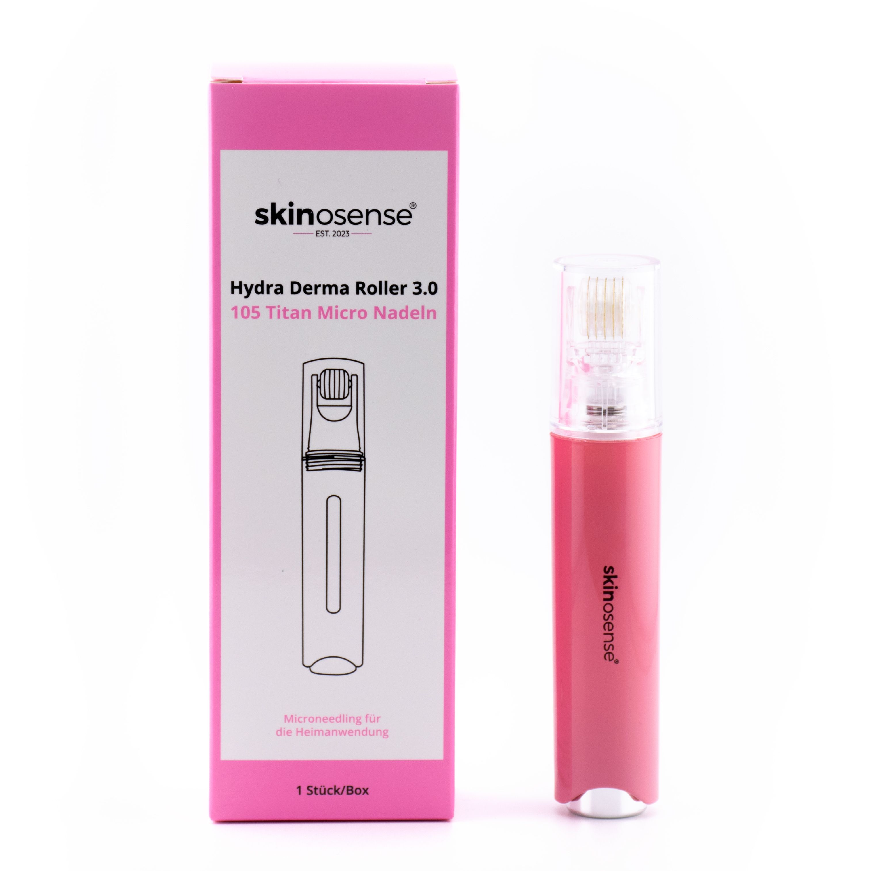 Rosa Derma Roller mit 105 Titan-Mikronadeln und Verpackung. Aufschrift: Skinosense Hydra Derma Roller 3.0. 1 Stück/Box.
