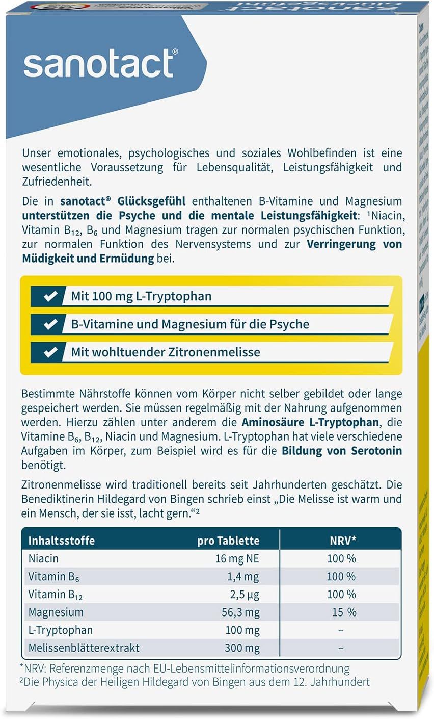 Rückseite der sanotact Glücksgefühl Packung. Enthält Informationen zu Inhaltsstoffen wie Niacin, Vitamin B6, B12, Magnesium und L-Tryptophan.