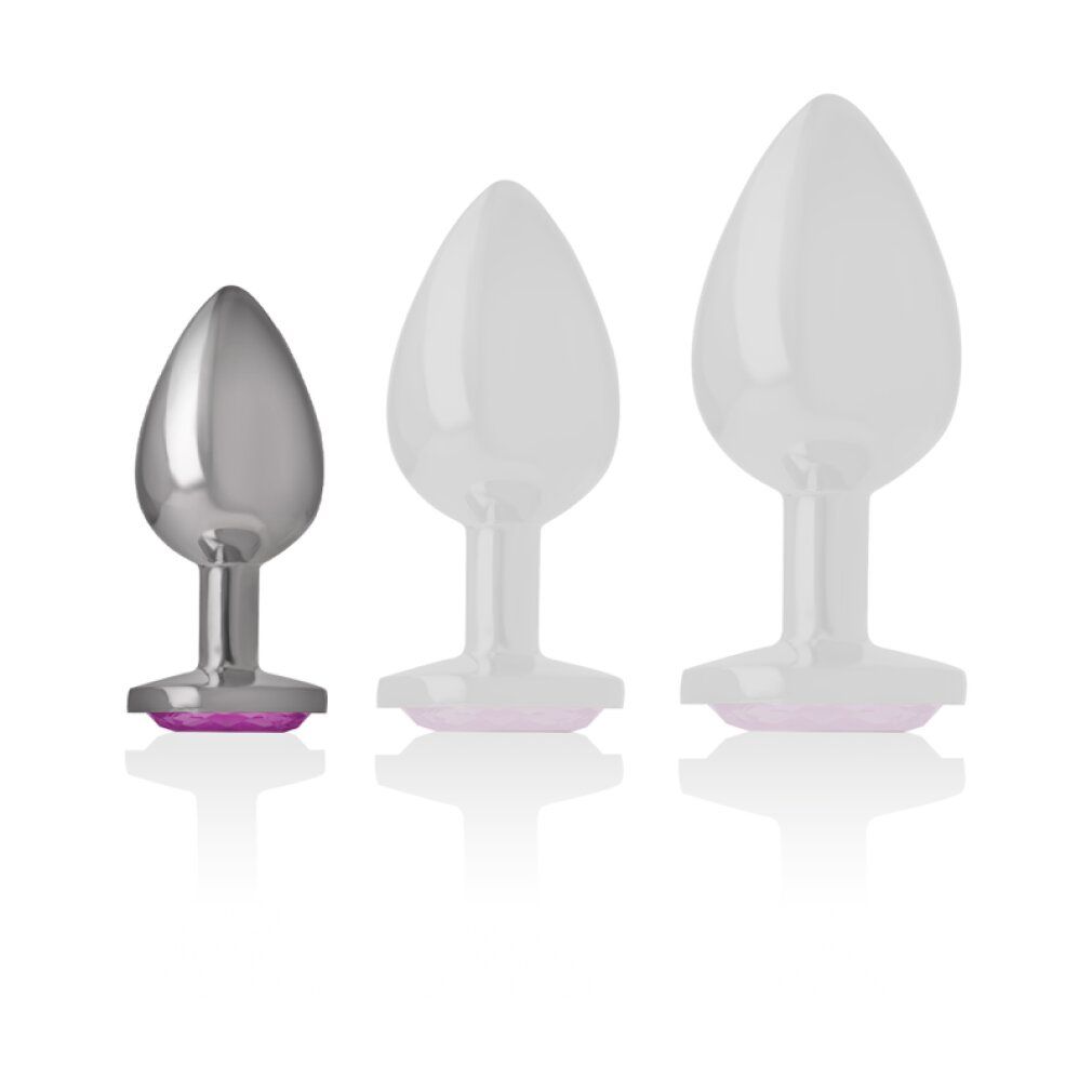 Drei Analplugs. Einer aus Metall, zwei transparent. Tropfenform, pinkfarbene Basis.