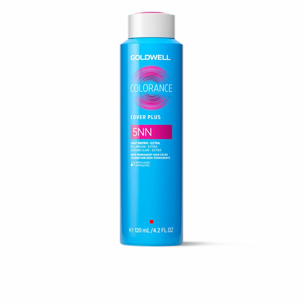 Blaue Flasche COLORANCE 5NN. Goldwell-Markenlogo. Produktinformationen auf Etikett.