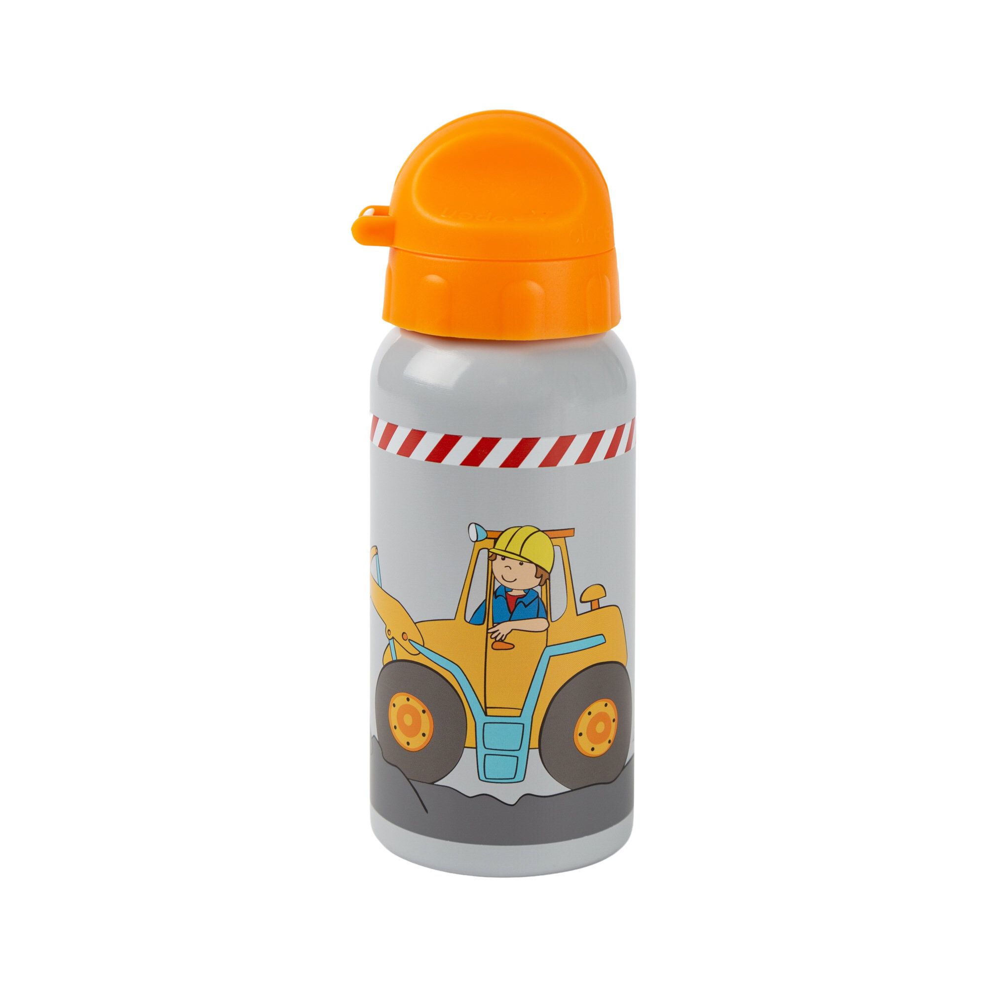 Graue Trinkflasche mit orangefarbenem Deckel. Bauarbeiter-Motiv auf der Flasche.