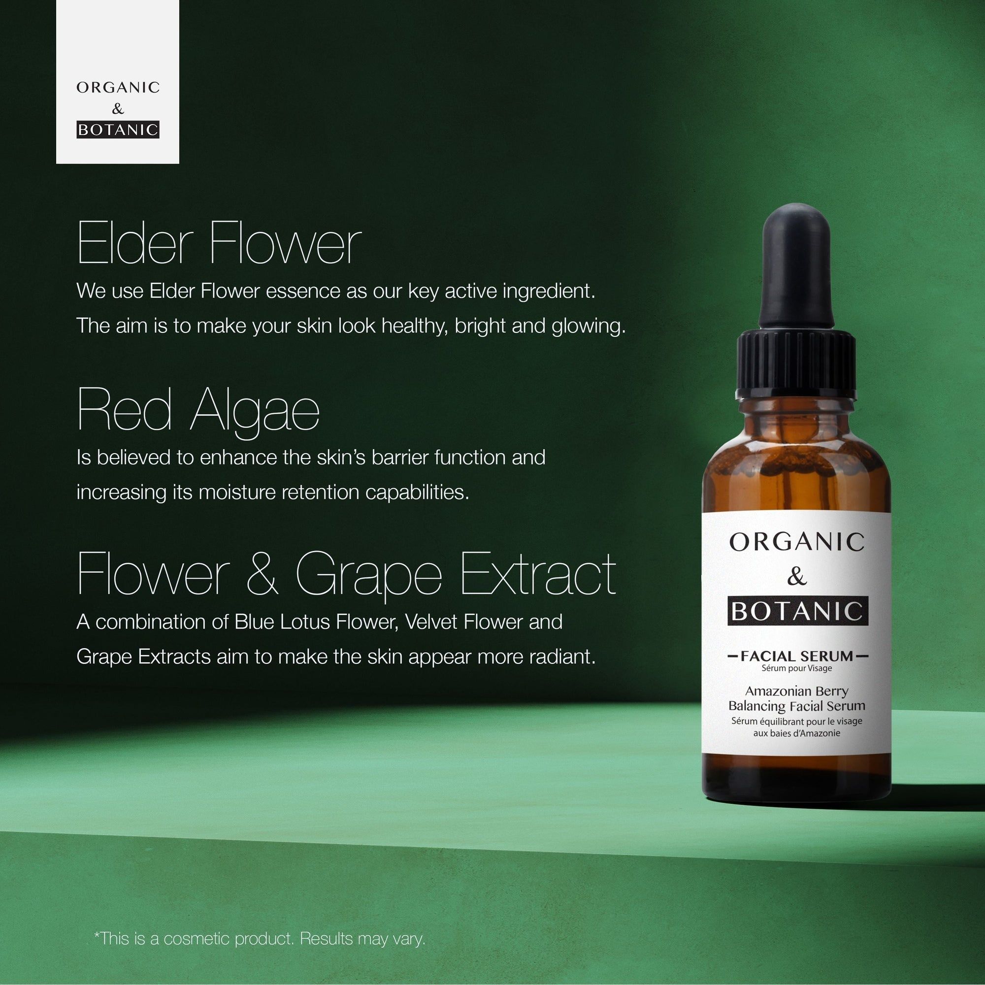 Braune Glasflasche mit Pipette vor grünem Hintergrund. Text: "ORGANIC & BOTANIC" und "FACIAL SERUM".