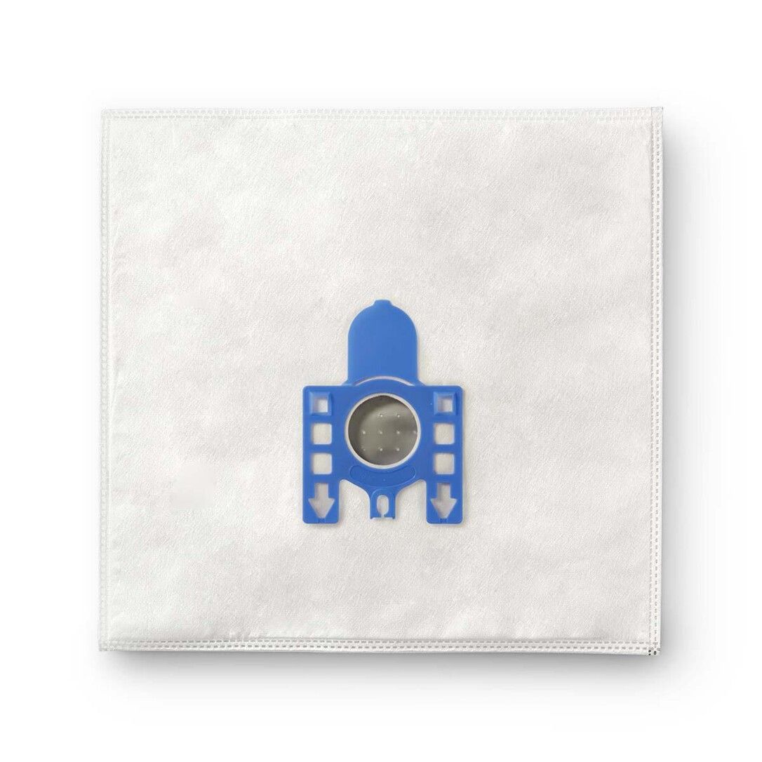 Weißer Staubsaugerbeutel mit blauem Anschluss. Runde Öffnung mit Metallring. Filter-Symbol.