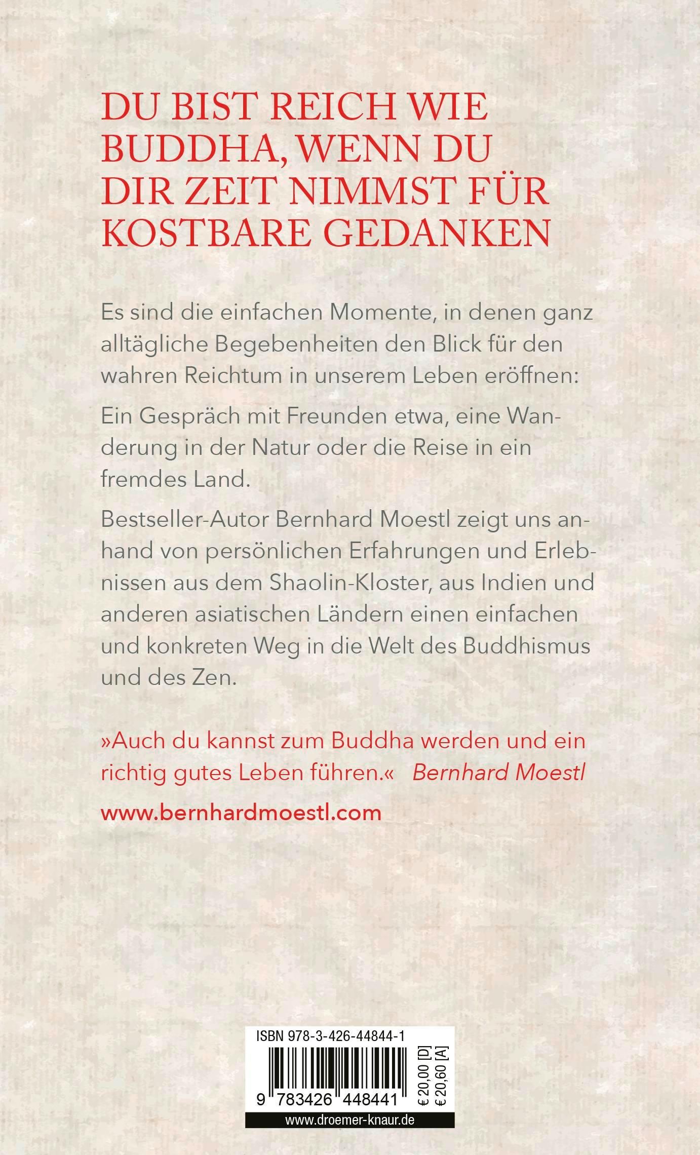Buchrückseite mit Text. Titel: "Du bist reich wie Buddha". Autor: Bernhard Moestl. Verlag: Droemer Knaur.