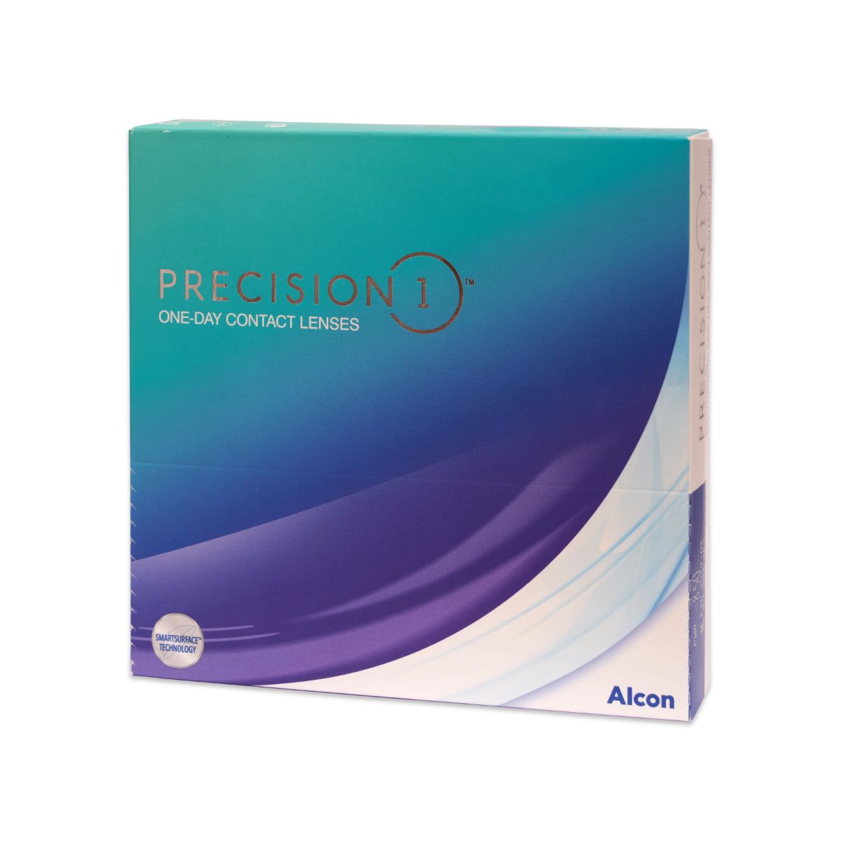 Verpackung von Dailies Precision1 Kontaktlinsen. Blau-grüner Farbverlauf mit Produktnamen und Logo. Alcon-Logo unten rechts.