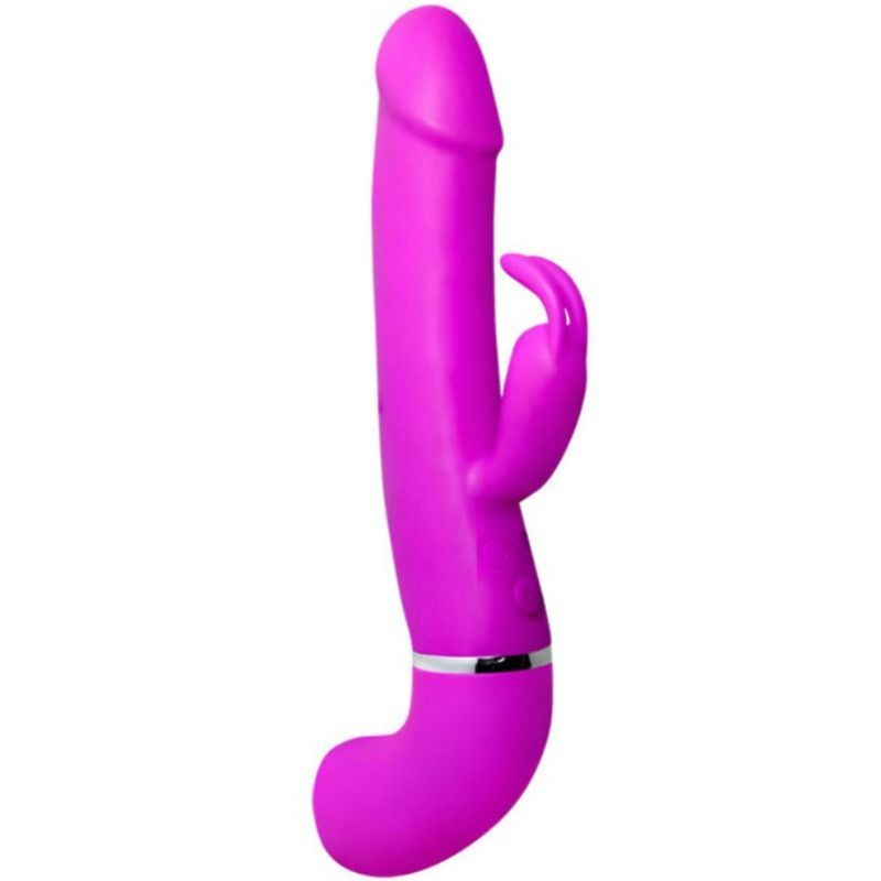 Lila Vibrator mit Kaninchenohren. Zylindrischer Schaft, gebogene Basis. Silberner Ring am Übergang.