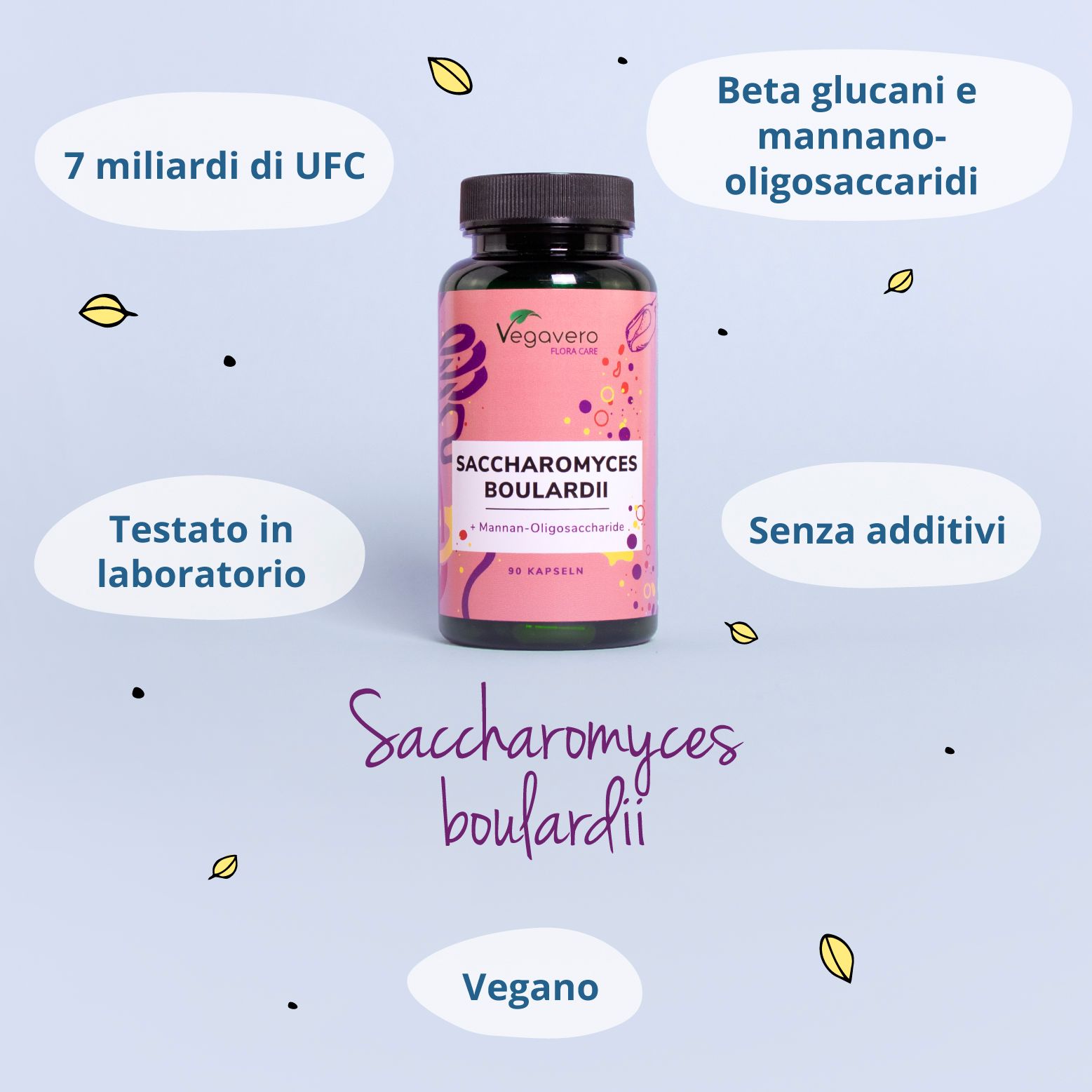 Flacone di capsule circondato da testo. Loghi: Vegano, testato in laboratorio, produzione tedesca.