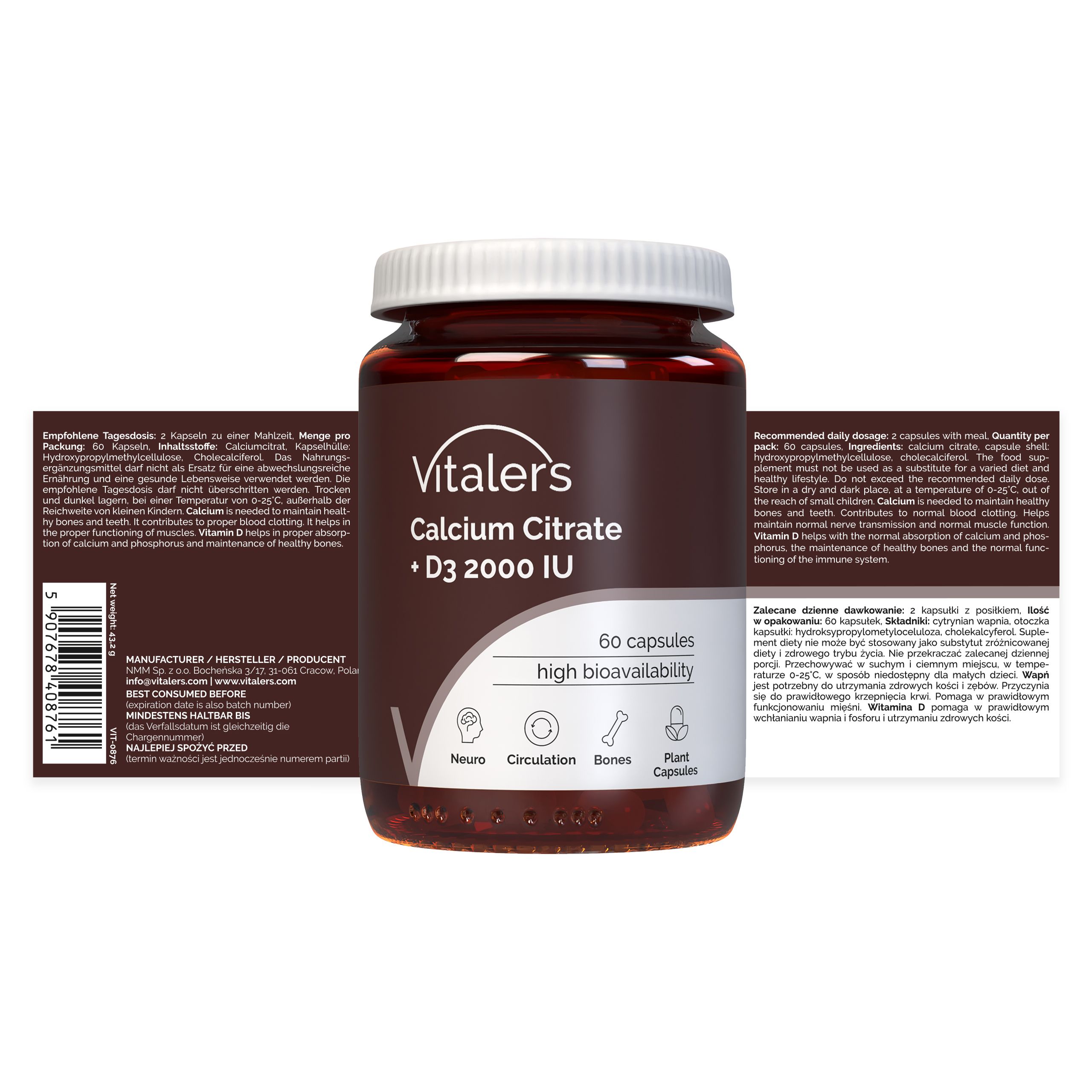 Braune Flasche mit weißem Deckel und Packungsbeilage. Aufschrift: Vitaler's Calcium Citrate + D3 2000 IE. 60 Kapseln.