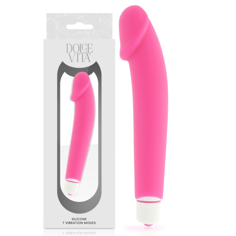 Pinkfarbener Silikon-Vibrator mit weißem Sockel. In Verpackung mit Produktabbildung und Schriftzug 'Dolce Vita'.