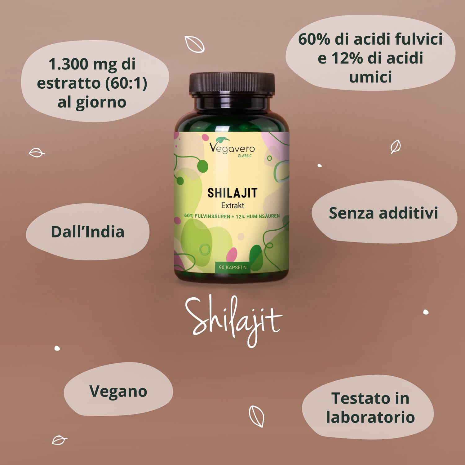 Flacone del prodotto con testo: Shilajit. Informazioni aggiuntive: 60% acidi fulvici e 12% acidi umici. Vegano, testato in laboratorio, produzione tedesca.
