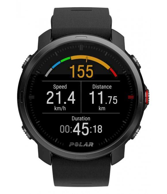 Schwarze Smartwatch mit Display. Zeigt Geschwindigkeit, Distanz und Dauer. Marke: Polar.