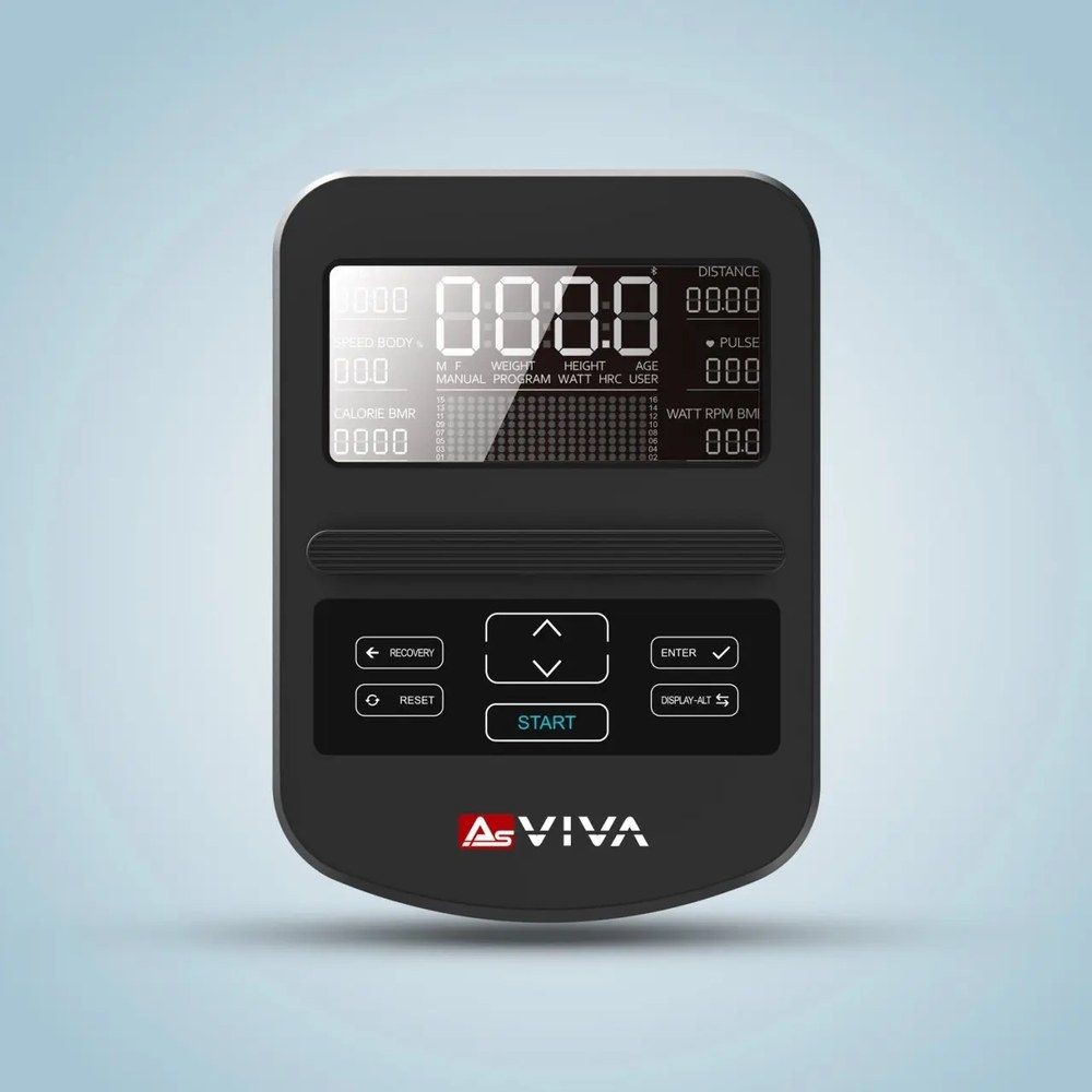 Bedienfeld eines Crosstrainers mit Display und Tasten, Marke AsVIVA.