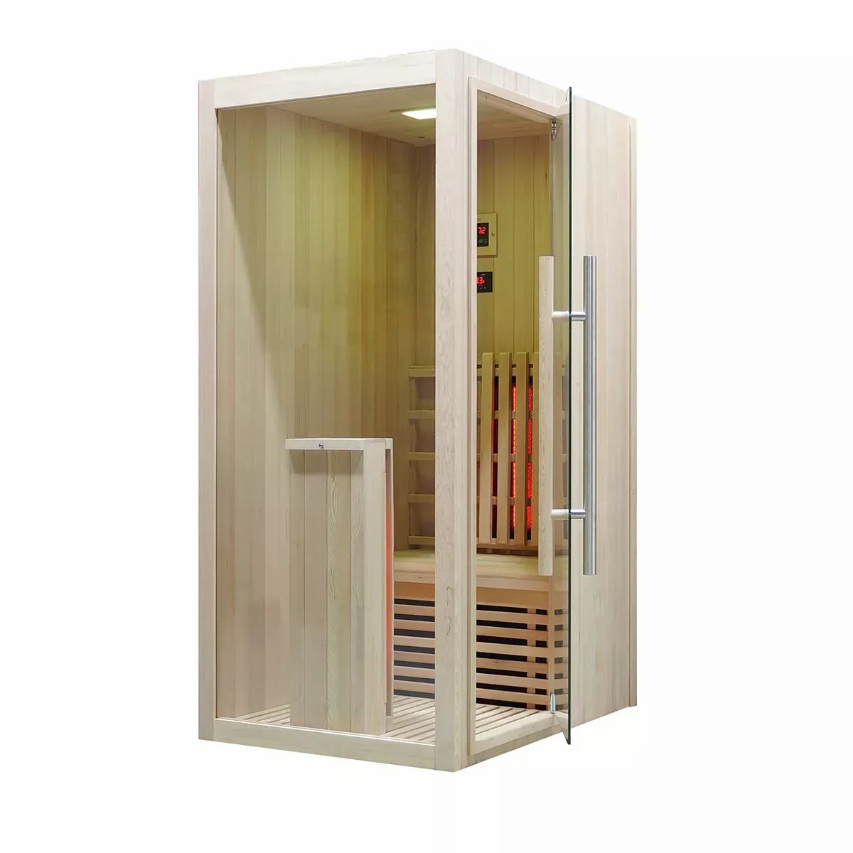 Infrarotsauna mit offener Glastür. Innenraum mit Sitzbank, Infrarotstrahlern und Holzverkleidung. Türposition rechts.