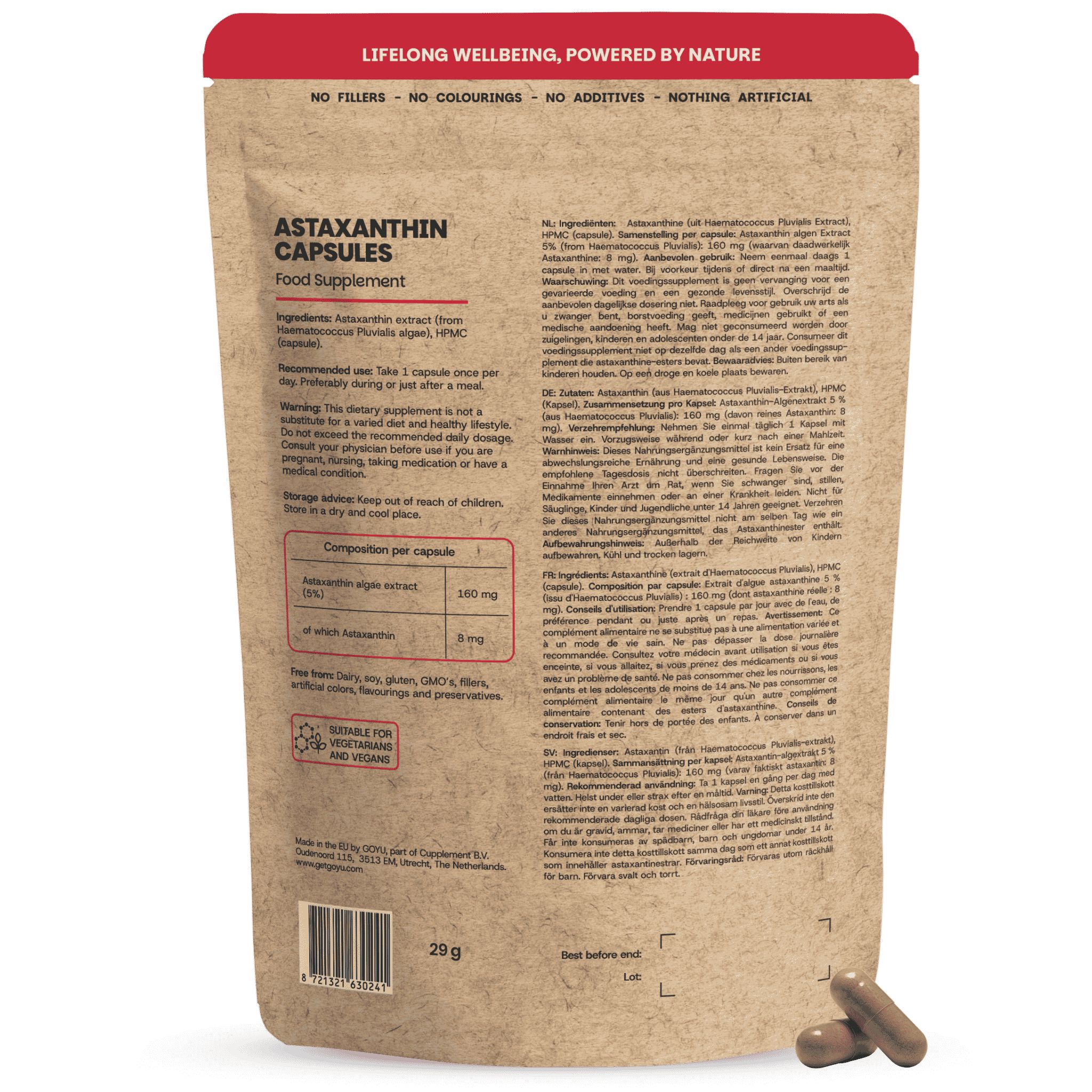 Rückseite der Astaxanthin Kapseln. Zutatenliste, Dosierungsempfehlung, Warnhinweise. 29 g. Braune Kapseln liegen daneben.